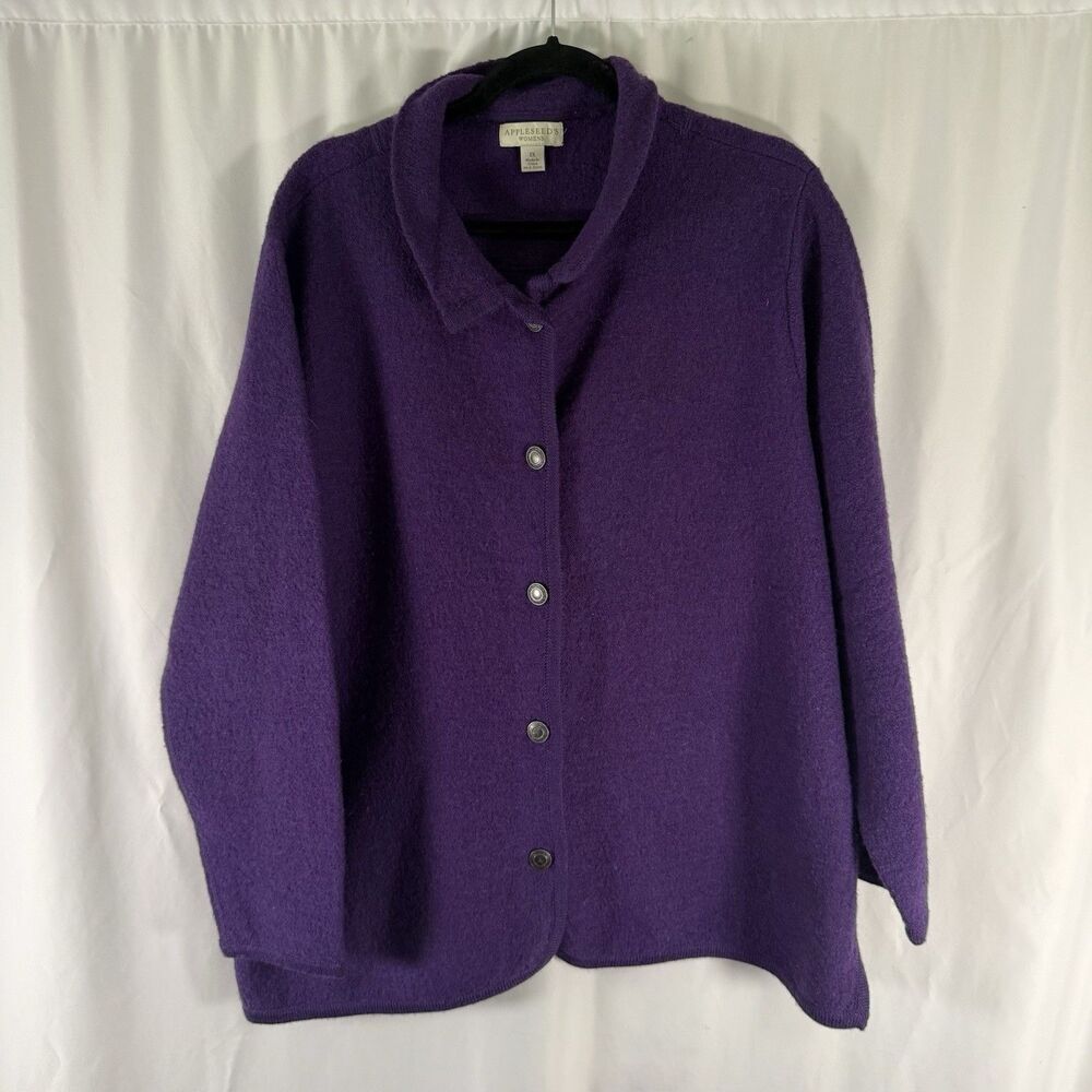 Appleseeds 100% Wool Jacket Women's 1X Purple Button Front Collared Long Sleeve